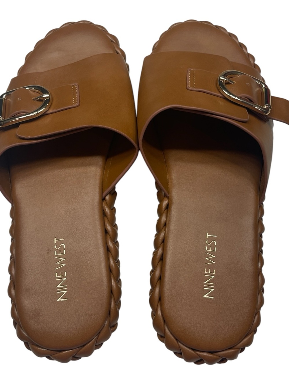 Nine West Brown Slide Sandals with Braided Edge and Buckle